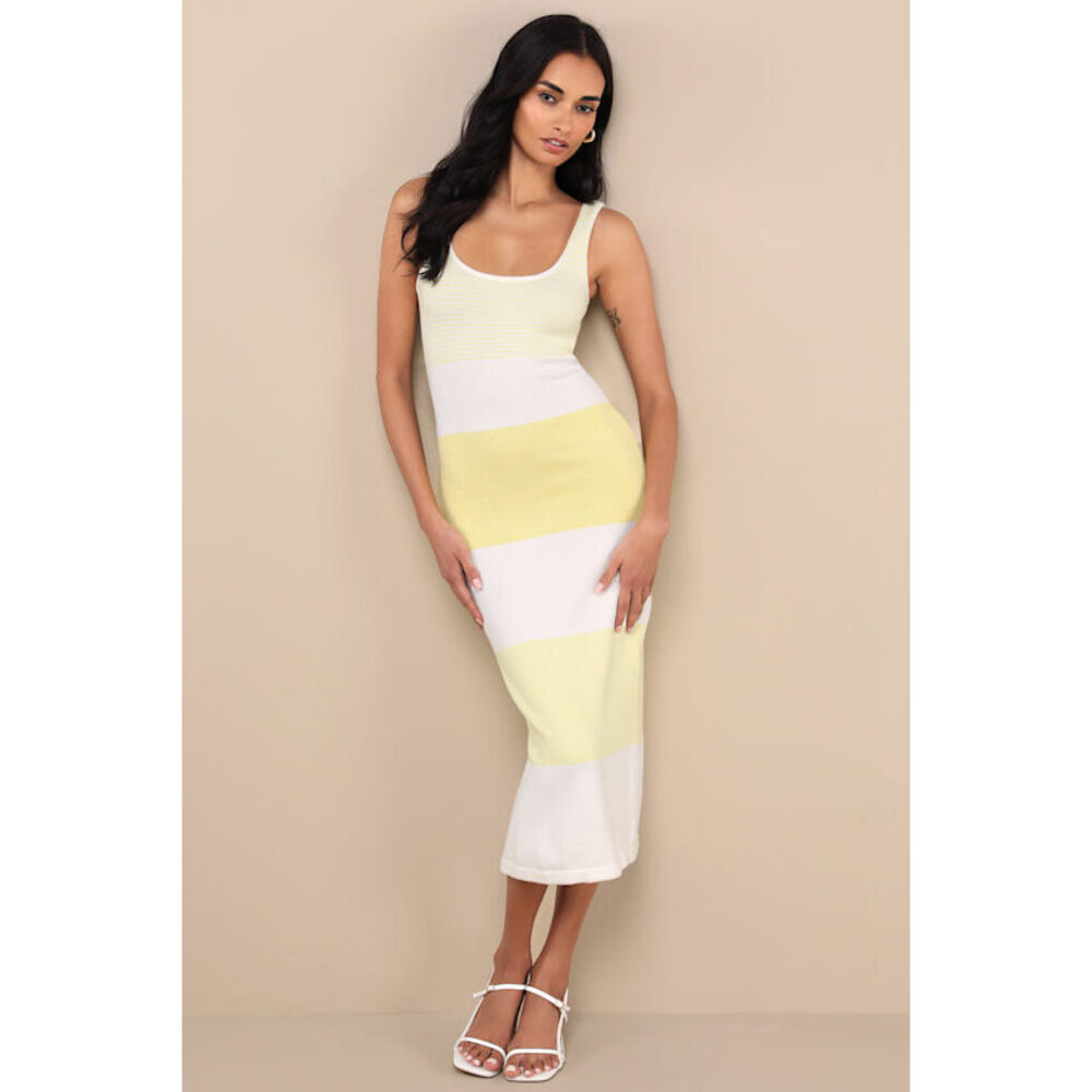 Lulus Easily Gorgeous Yellow Striped Midi Sweater Dress NWT- Size L